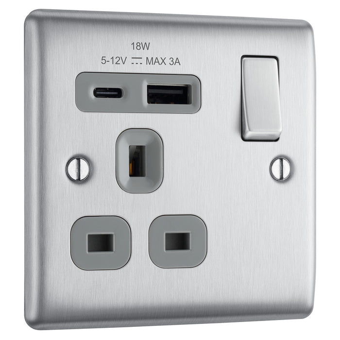 BG NBS21UAC18G Brushed Steel Single Socket with USB 18W Type A & C USB Grey Inserts