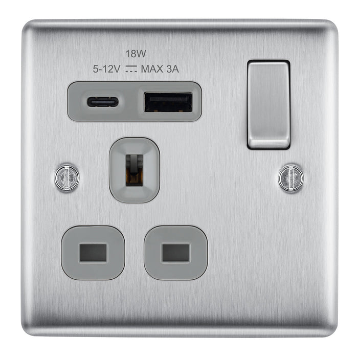 BG NBS21UAC18G Brushed Steel Single Socket with USB 18W Type A & C USB Grey Inserts