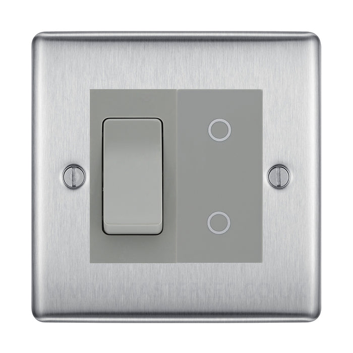 BG Brushed Steel 2 Gang Custom Switch 1x 2 Way Switch 1x Master Touch Dimmer Grey Inserts