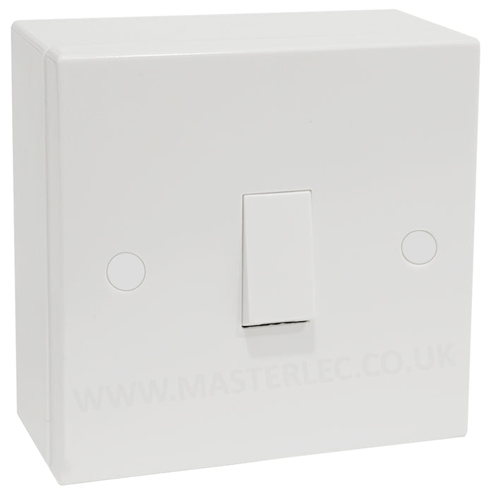 White 1 Gang Square Edge Single Light Switch & 25mm Surface Pattress Back Box