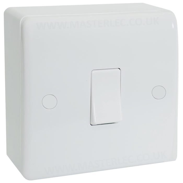 White 1 Gang Curved Edge Single Light Switch & 25mm Surface Pattress Back Box