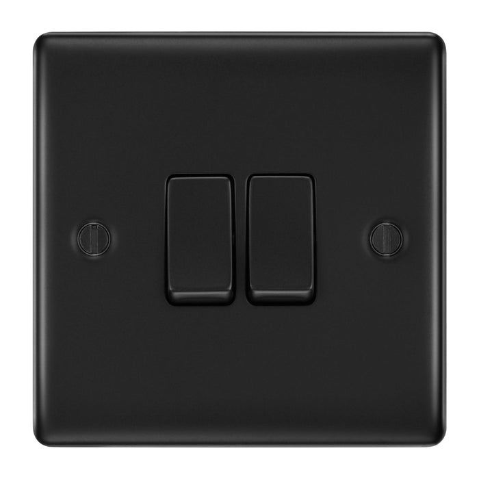 Matt Black 2 Gang Double Light Switch with 32mm Black Surface Pattress Back Box