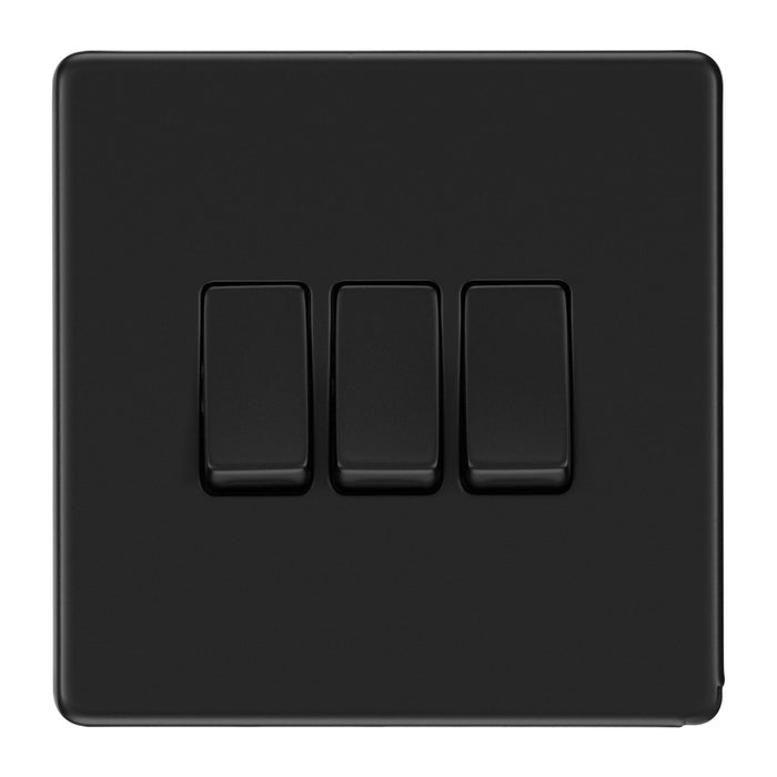 BG Nexus Flatplate Screwless Matt Black Triple Light Switch FFB43 20 Amp