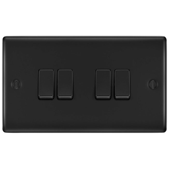 Matt Black 4 Gang Quad Light Switch with 32mm Black Surface Pattress Back Box