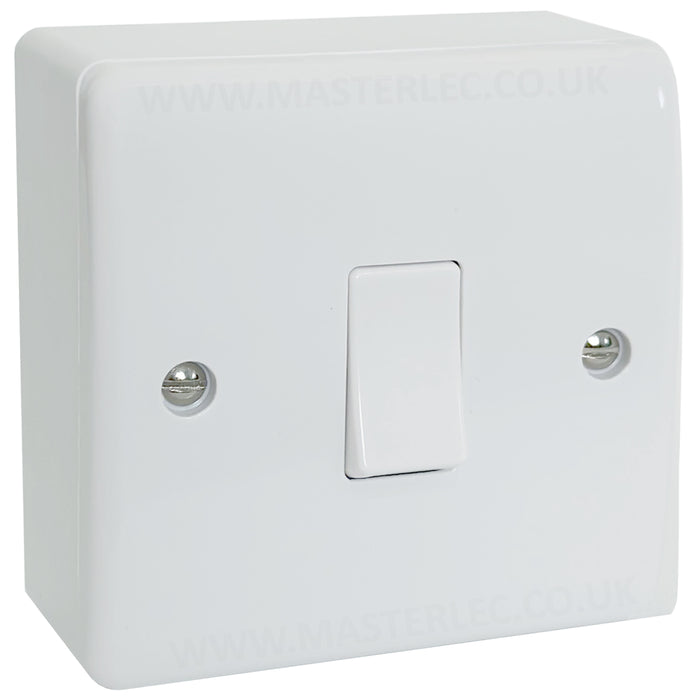 White 1 Gang Curved Edge Single Light Switch & 25mm Surface Pattress Back Box