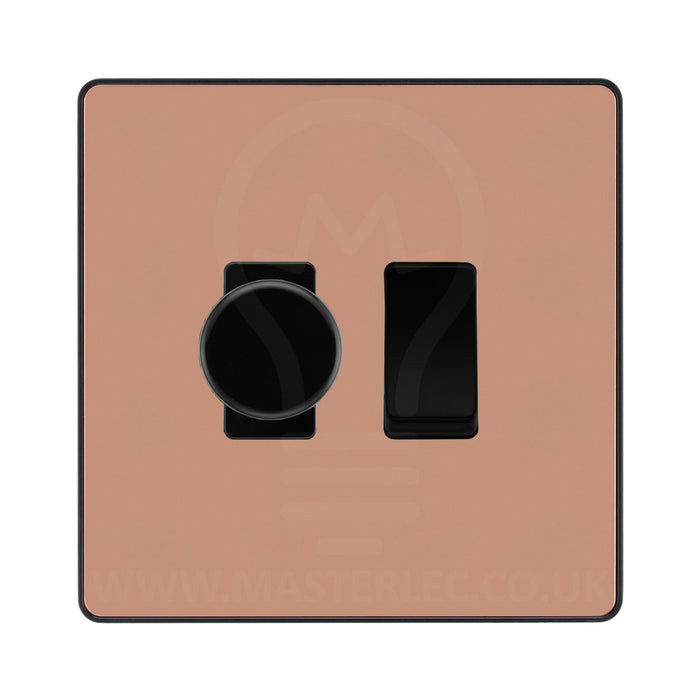 BG Evolve Polished Copper 2 Gang Light Switch 1x Trailing Edge LED Dimmer 1x 2 Way Custom Switch