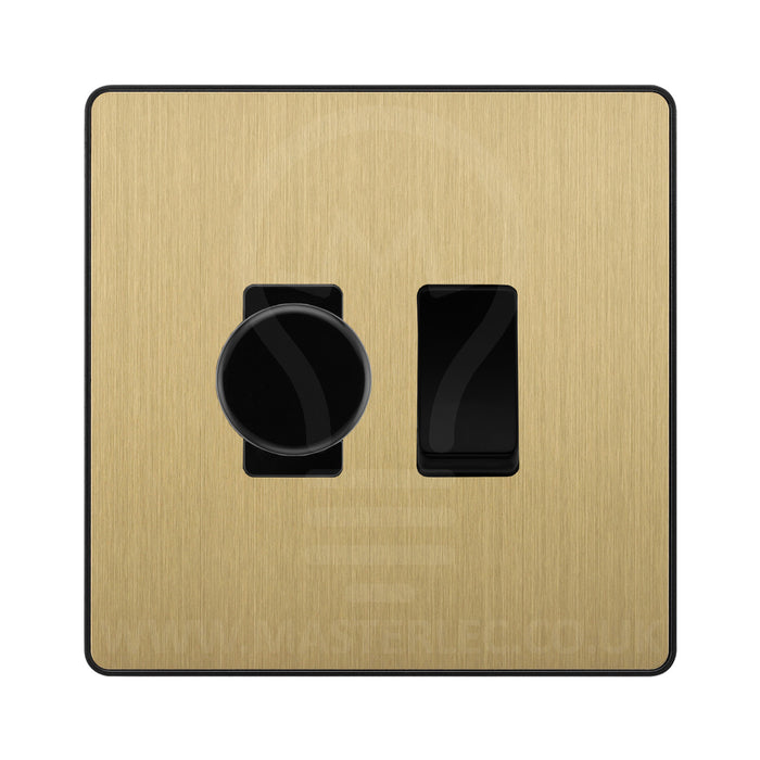 BG Evolve Satin Brass 2 Gang Light Switch 1x Trailing Edge LED Dimmer 1x 2 Way Custom Switch