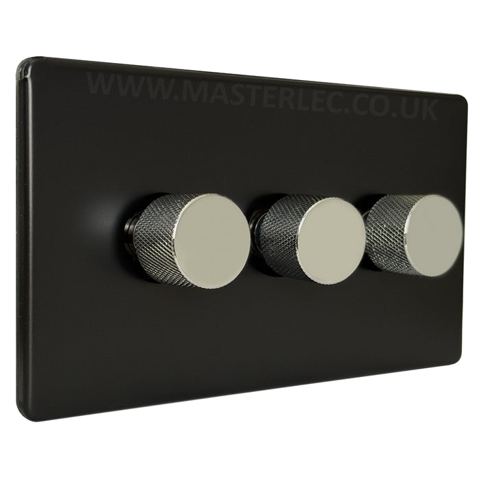 Matt Black Screwless Triple 3 Gang Dimmer Switch with Polished Chrome Knurled Dimmer Knob