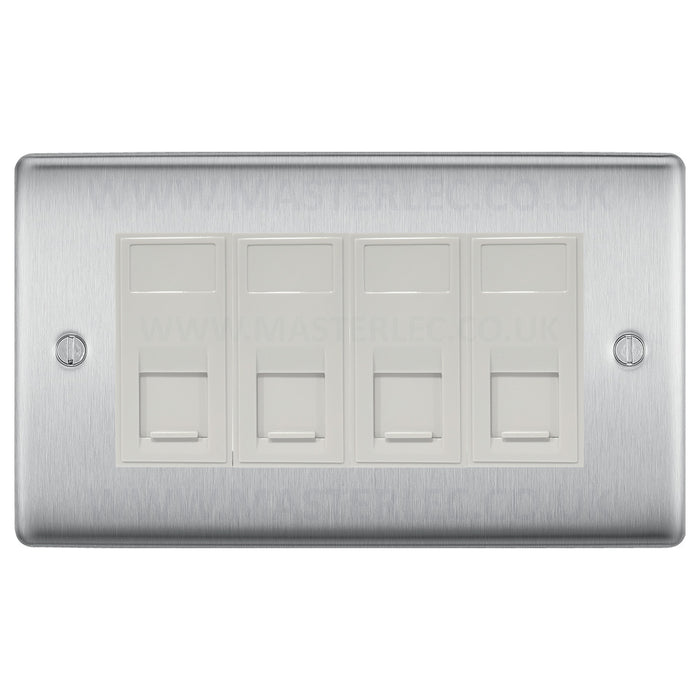BG Brushed Steel NBSRJ4546AW 4 Gang RJ45 CAT6A Data Ethernet Outlet Socket White Insert