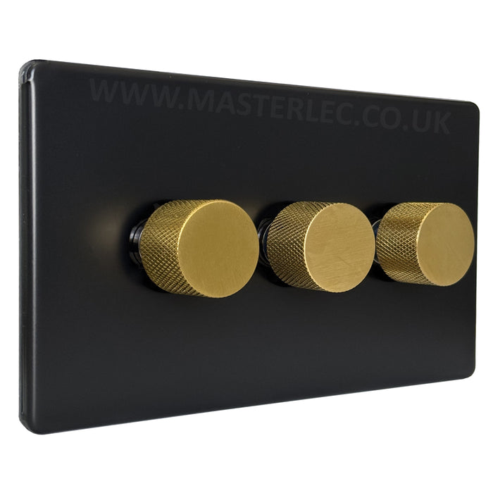 Matt Black Screwless Triple 3 Gang Dimmer Switch with Satin Brass / Antique Gold Knurled Dimmer Knob