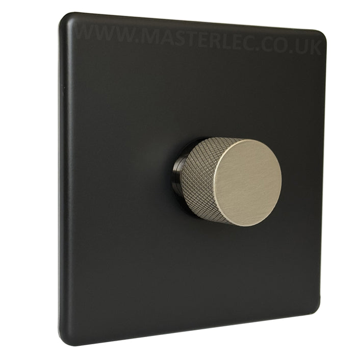 Matt Black Screwless Single 1 Gang Dimmer Switch with Brushed Steel / Stainless Steel Knurled Dimmer Knob