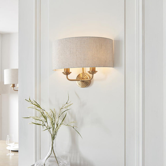 Endon Lighting Vintage Brass Natural Linen Highclere 2lt Wall Light 110726