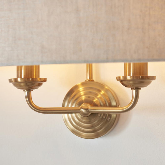 Endon Lighting Vintage Brass Natural Linen Highclere 2lt Wall Light 110726