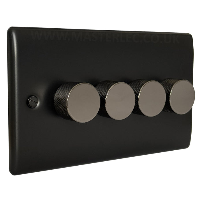 Matt Black 4 Gang Knurled Dimmer Switch with Black Nickel Dimmer Knob