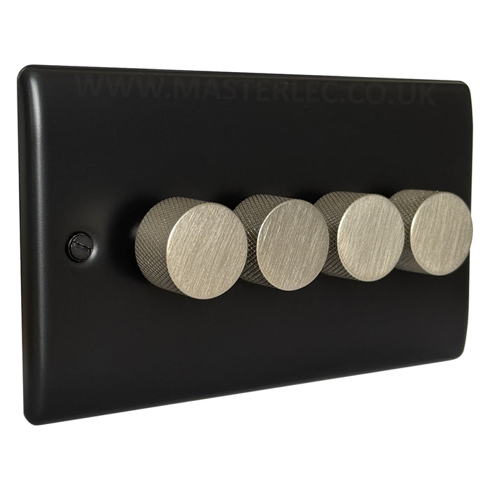 Matt Black 4 Gang Knurled Dimmer Switch with Brushed Steel / Stainless Steel Dimmer Knob