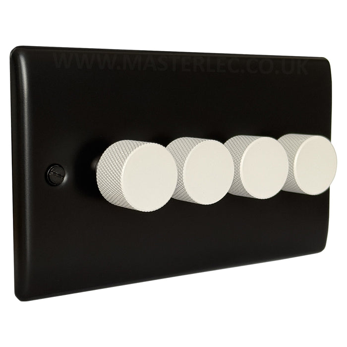 Matt Black Screwed Quad 4 Gang Dimmer Switch with Matt White Dimmer Knob
