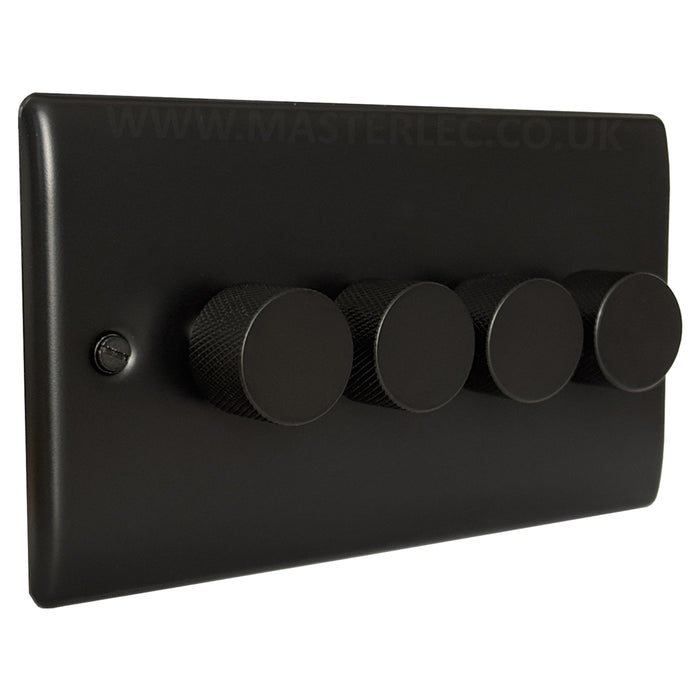 Matt Black 4 Gang Knurled Dimmer Switch with Matt Black Dimmer Knob