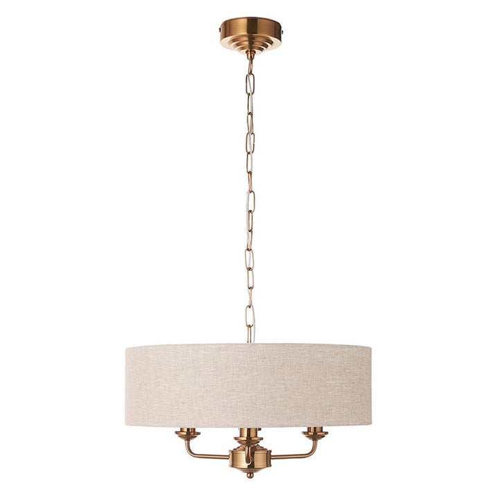 Endon Lighting Vintage Brass Natural Linen Highclere 3lt Pendant 110723