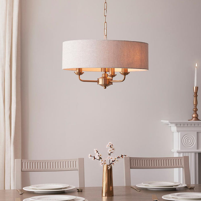 Endon Lighting Vintage Brass Natural Linen Highclere 3lt Pendant 110723