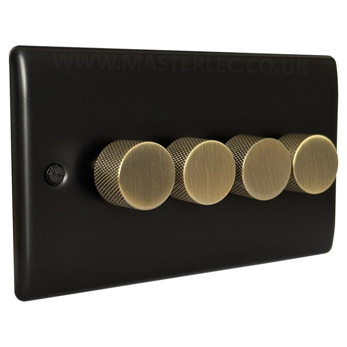 Matt Black 4 Gang Knurled Dimmer Switch with Antique Brass Dimmer Knob