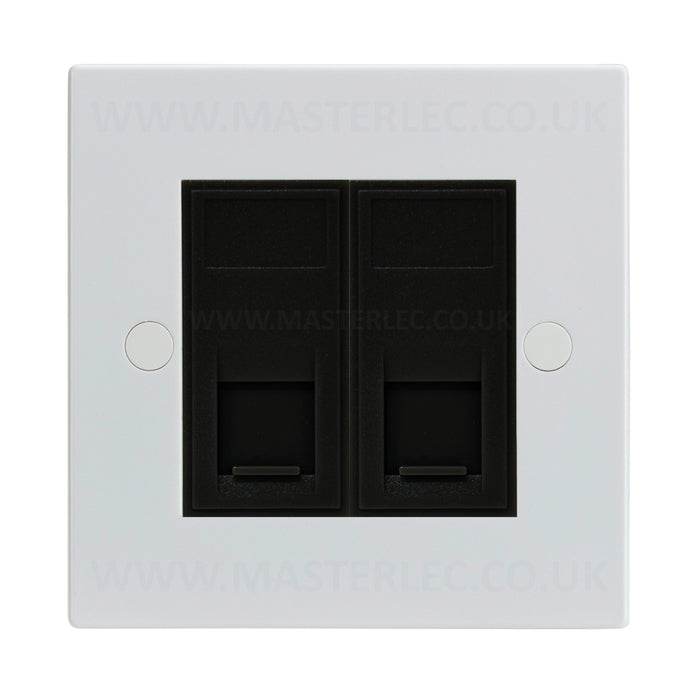 White Square Edge 2 Gang RJ45 CAT6A Data Ethernet Outlet Socket Black Insert 2 Port