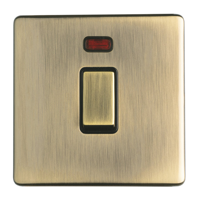 Antique Brass Screwless 20 Amp Double Pole Switch with Neon Flat Concealed Plate CAB31