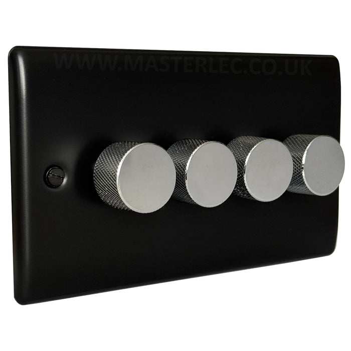 Matt Black 4 Gang Knurled Dimmer Switch with Polished Chrome Dimmer Knob