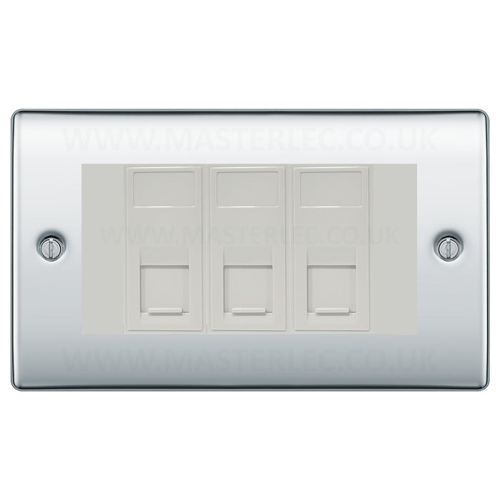 BG Polished Chrome NPCRJ4536AW 3 Gang RJ45 CAT6A Data Ethernet Outlet Socket White Insert