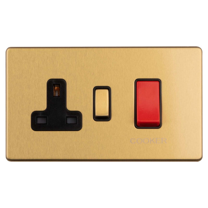 Antique Gold Screwless 45A Cooker Control Unit with Socket Flat Concealed Plate Satin Brass CAG70B