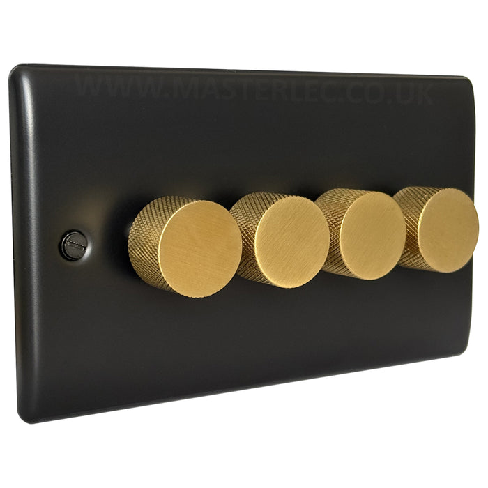 Matt Black 4 Gang Knurled Dimmer Switch with Satin Brass / Antique Gold Dimmer Knob