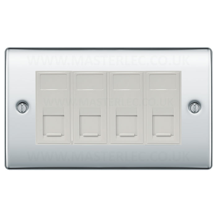 BG Polished Chrome NPCRJ4546AW 4 Gang RJ45 CAT6A Data Ethernet Outlet Socket White Insert