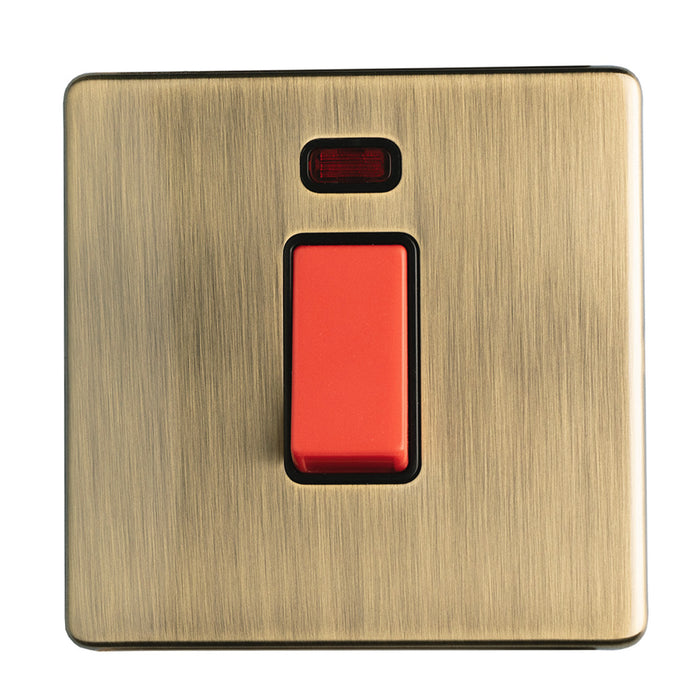 Antique Brass Screwless 45 Amp Double Pole Single Plate Switch with Neon Flat Concealed Plate CAB74