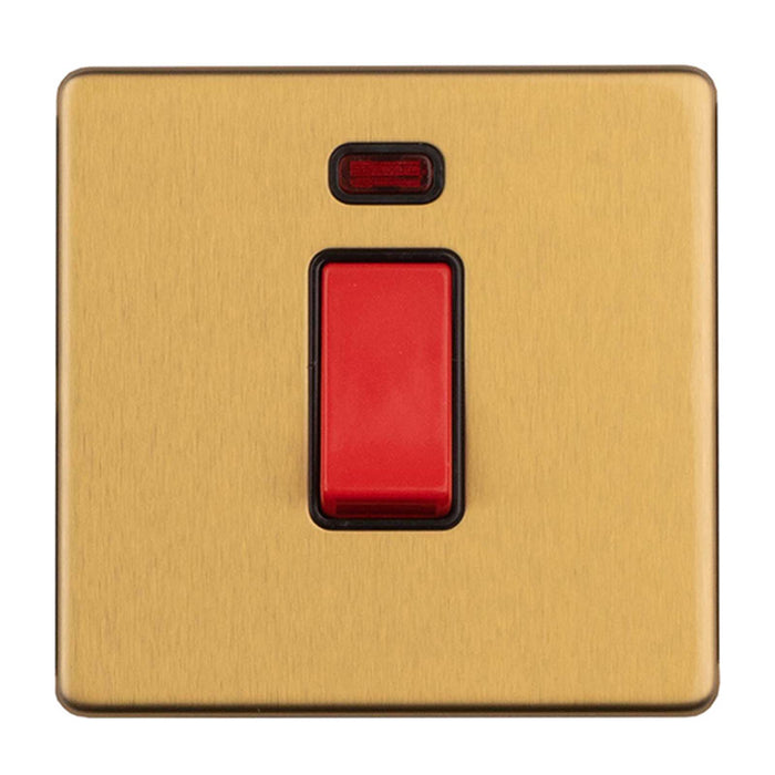 Antique Gold Screwless 45 Amp Double Pole Single Plate Switch with Neon Flat Concealed Plate Satin Brass CAG74