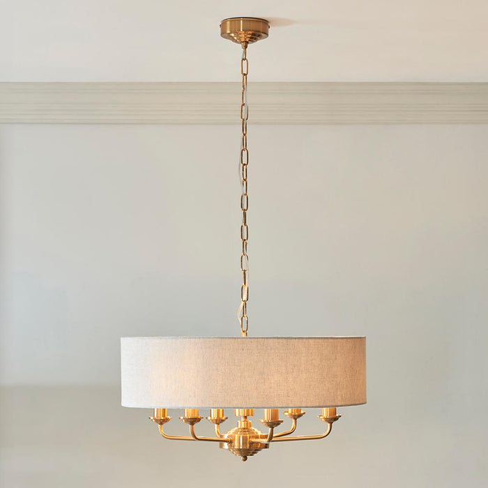 Endon Lighting Vintage Brass Natural Linen Highclere 6lt Pendant 110722