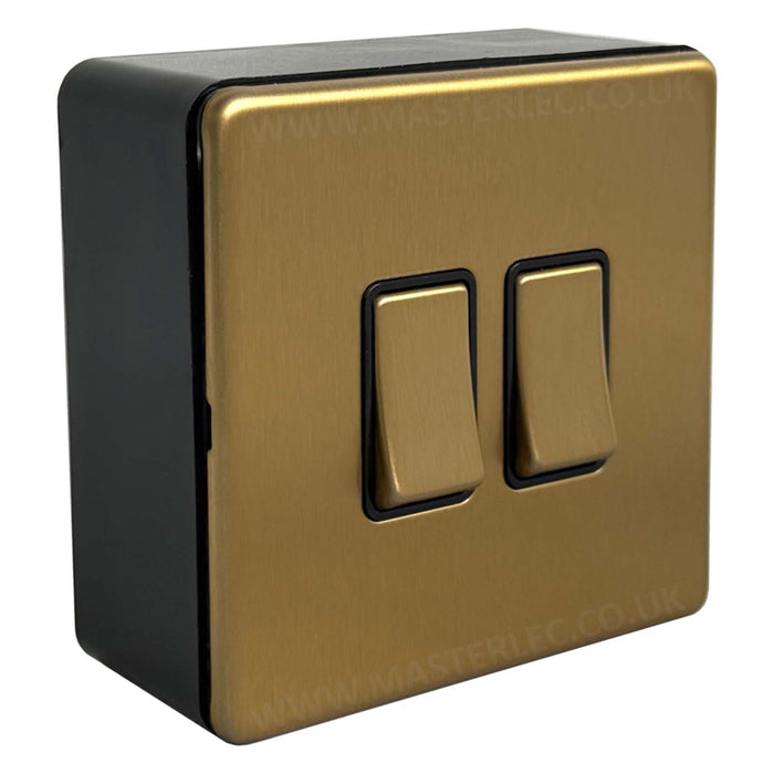 Antique Gold / Satin Brass Screwless 2 Gang Double Light Switch & 32mm Black Surface Pattress Back Box