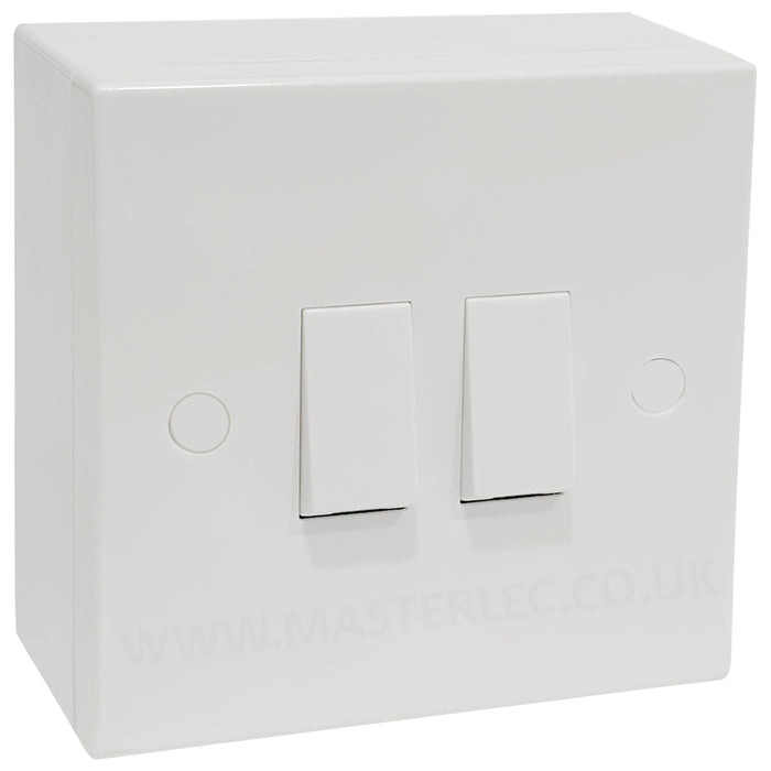 White 2 Gang Square Edge Double Light Switch & 25mm Surface Pattress Back Box