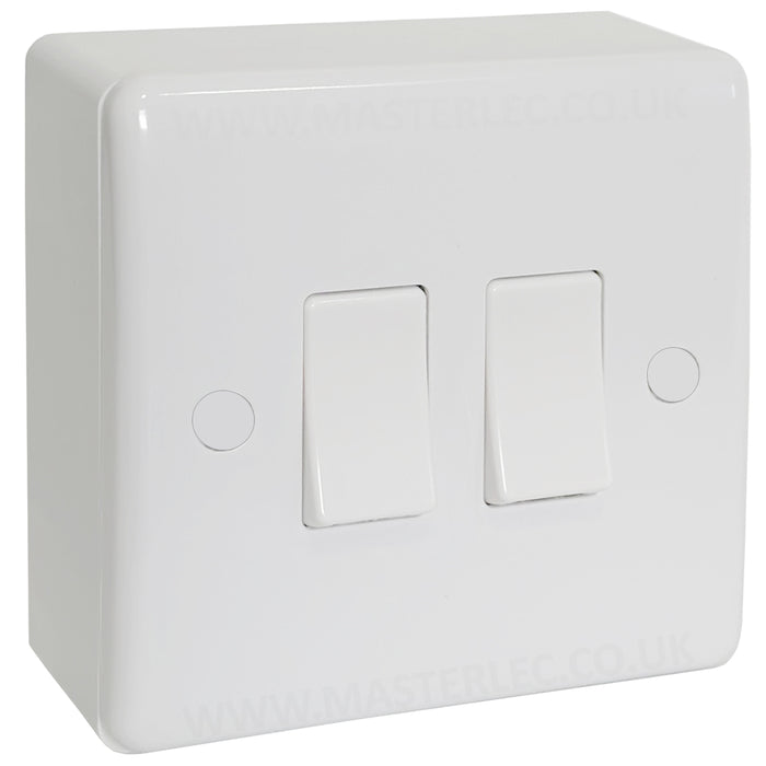 White 2 Gang Curved Edge Double Light Switch & 25mm Surface Pattress Back Box