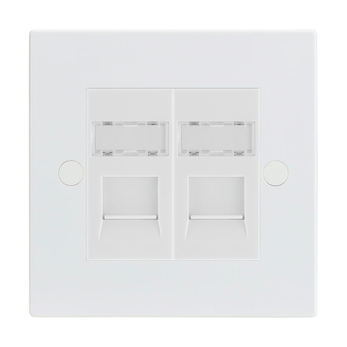 White Square Edge 2 Gang RJ45 CAT6 Data Wall Socket White Inserts 2 Port