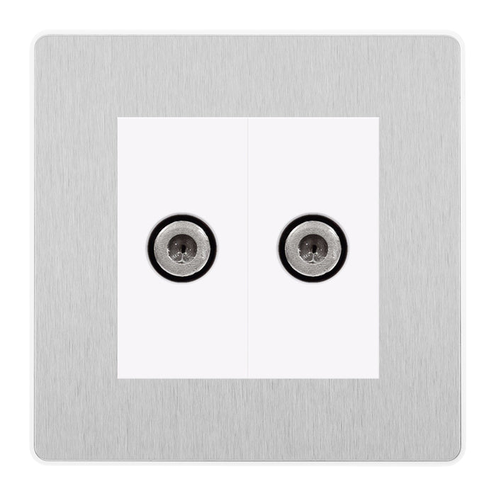 BG Evolve Brushed Steel 2 Gang Satellite Sky Socket White Inserts PCDBS642W