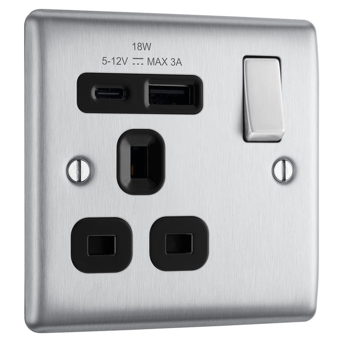 BG NBS21UAC18B Brushed Steel Single Socket with USB 18W Type A & C USB Black Inserts