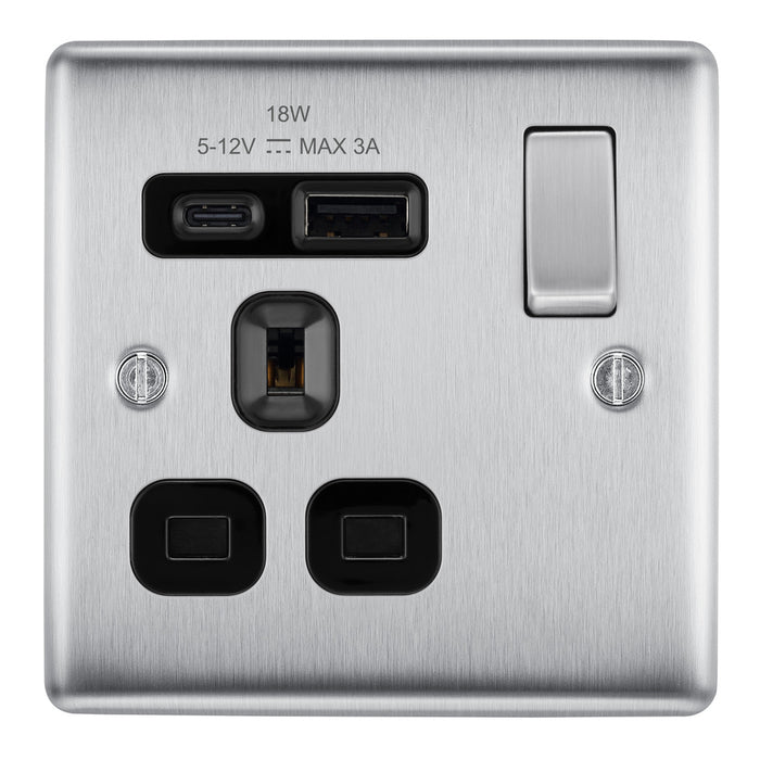 BG NBS21UAC18B Brushed Steel Single Socket with USB 18W Type A & C USB Black Inserts