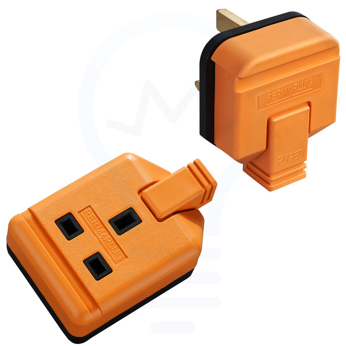 Permaplug 13A Heavy Duty Rubber 1 Gang Plug Top & Trailing Socket Set Orange