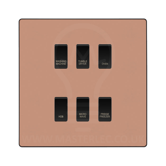 BG Evolve Polished Copper Custom Appliance Grid Switch 6 Gang Screwless