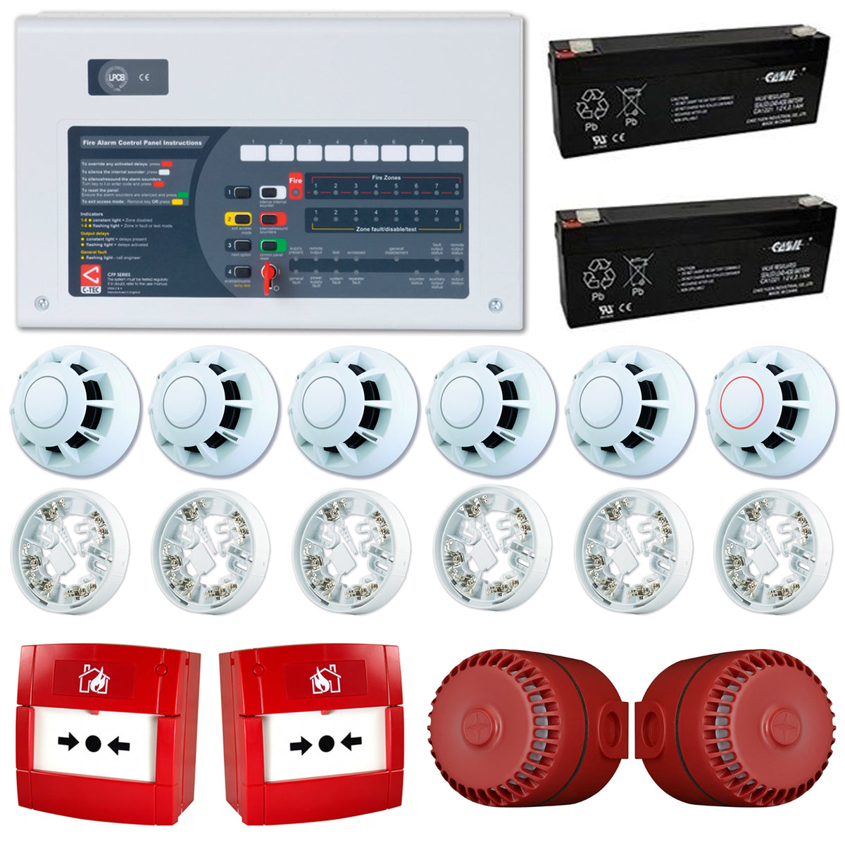 C-TEC 2 Zone Conventional Fire Alarm Kit 6 Detectors 2 Call Points 2 S ...