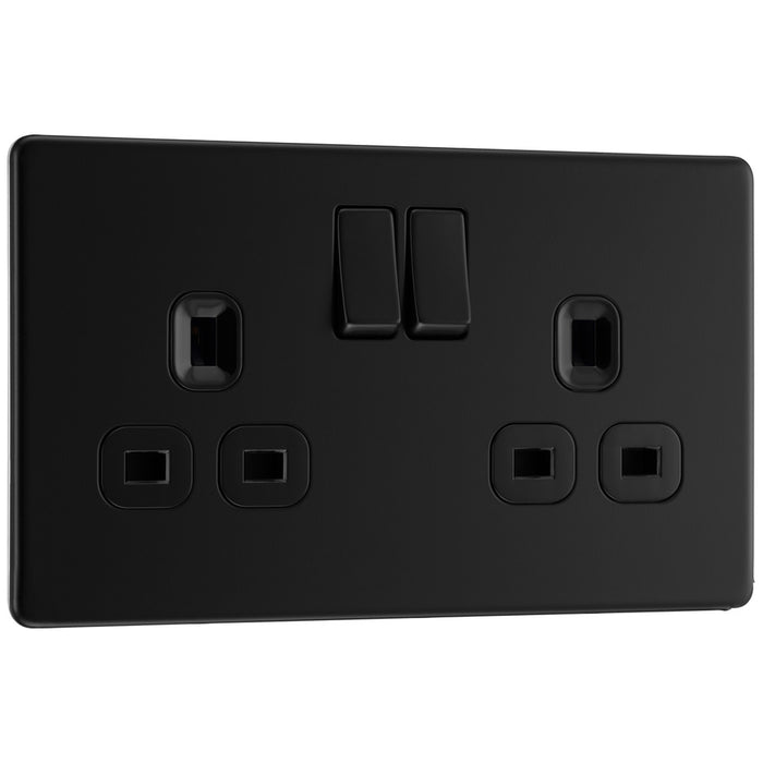 BG Nexus Flatplate Screwless Matt Black Double Socket FFB22B Black Insert 13 Amp