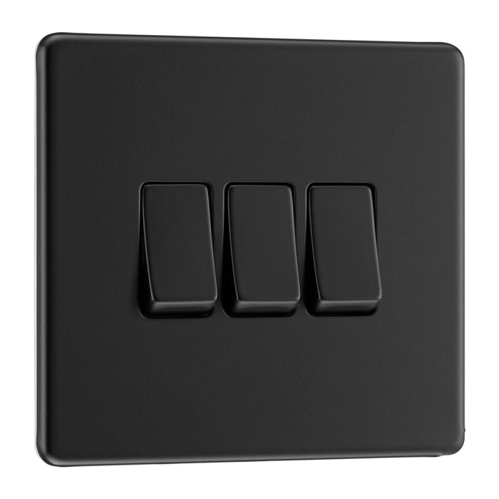 BG Nexus Flatplate Screwless Matt Black Triple Light Switch FFB43 20 Amp