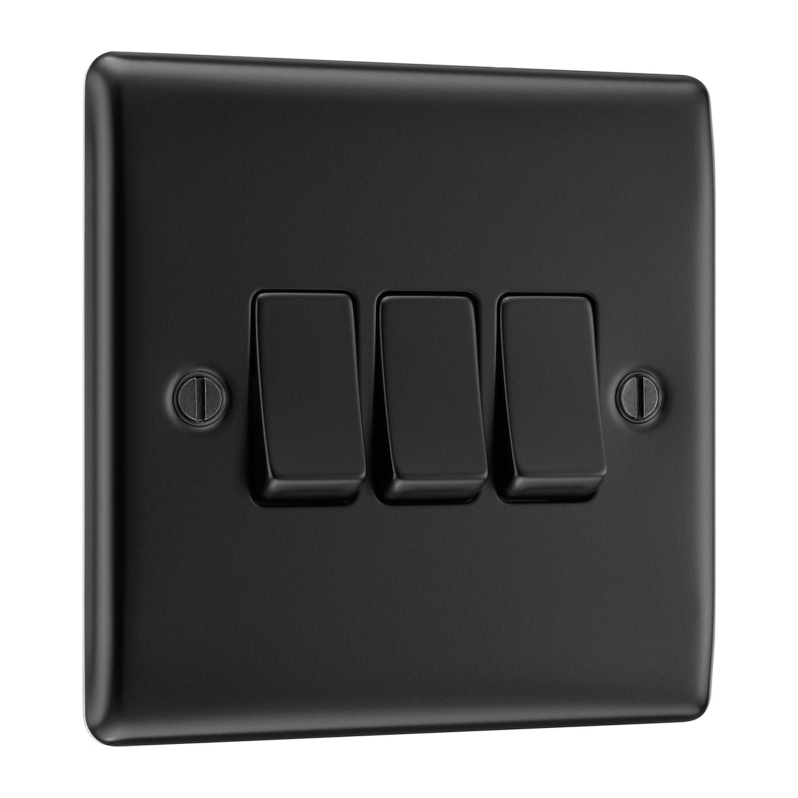 Matt Black 3 Gang Triple Light Switch with 32mm Black Surface Pattress ...