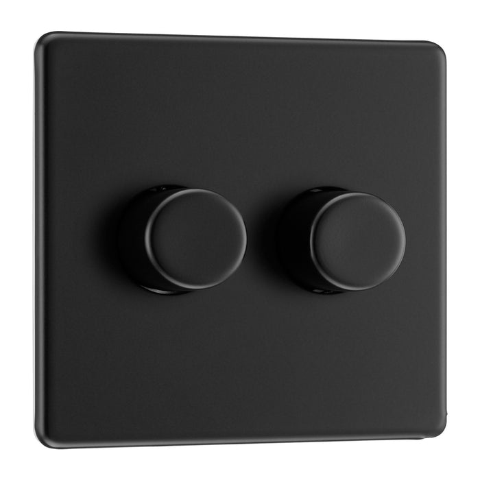 BG Nexus Flatplate Screwless Matt Black Trailing Edge Double Dimmer Switch 2 Way LED FFB82