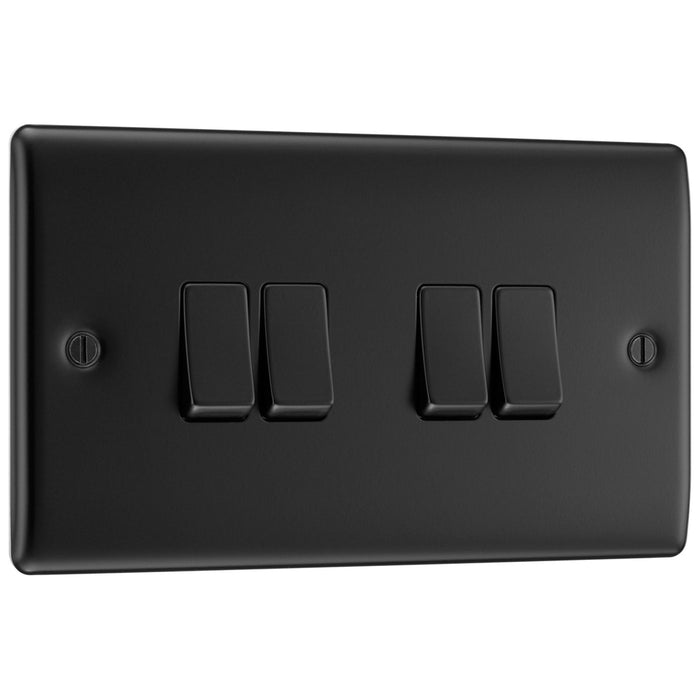 Matt Black 4 Gang Quad Light Switch with 32mm Black Surface Pattress Back Box