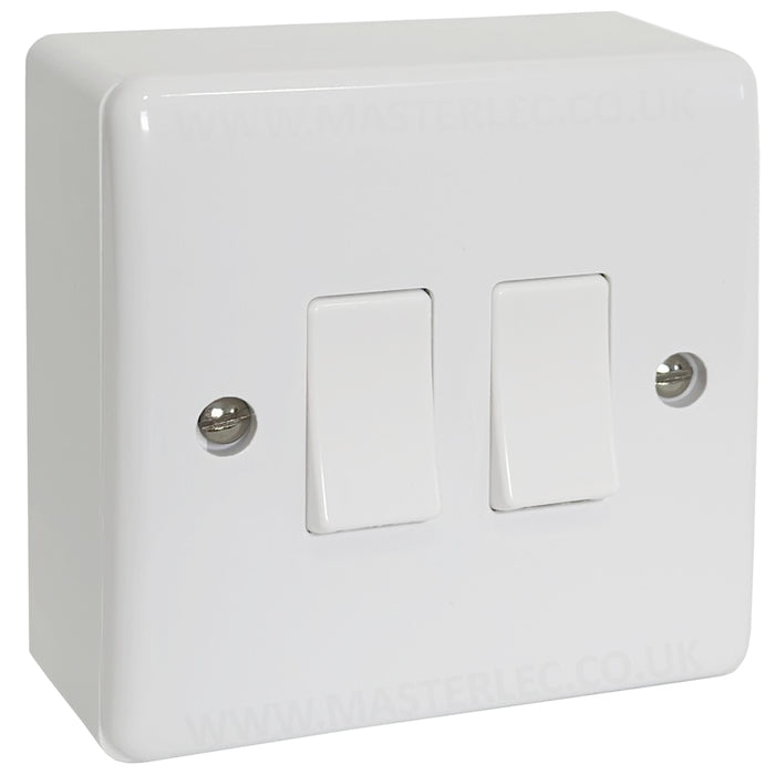 White 2 Gang Curved Edge Double Light Switch & 25mm Surface Pattress Back Box